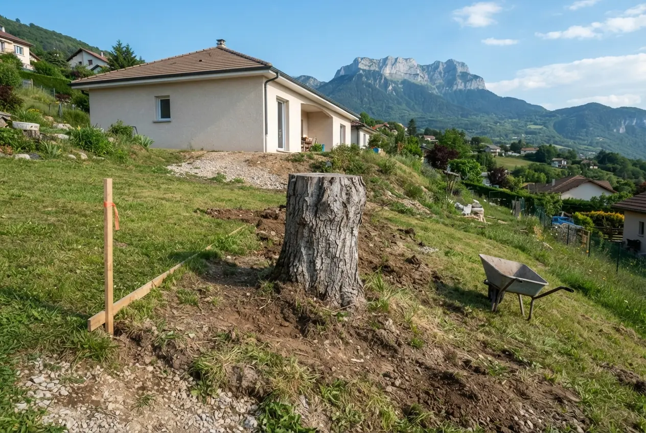 Souche de tilleul visible dans un jardin en pente à Barberaz