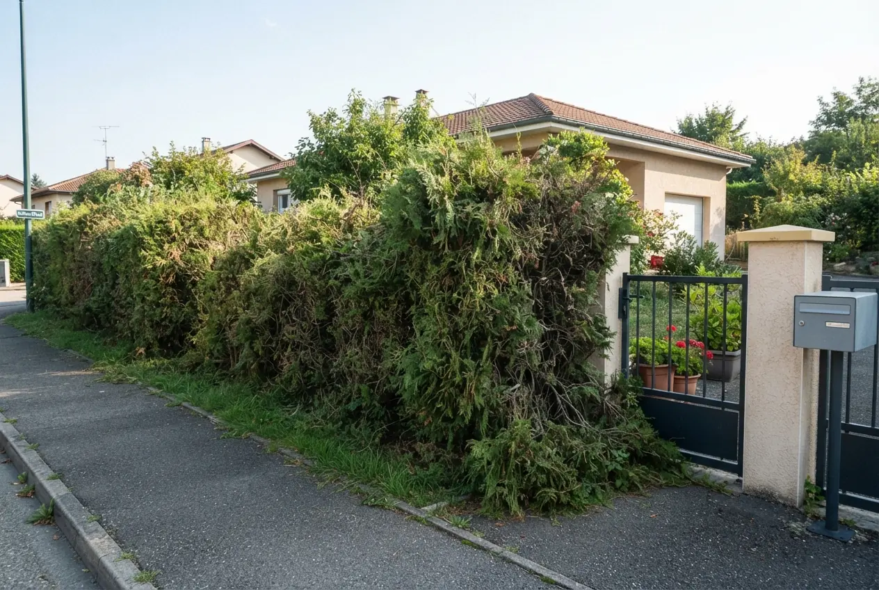 Haie de clôture envahissante avant taille à La Ravoire