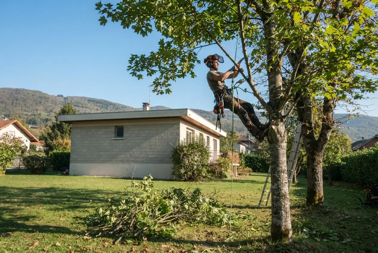 Élagueur taillant un arbre à Chambéry