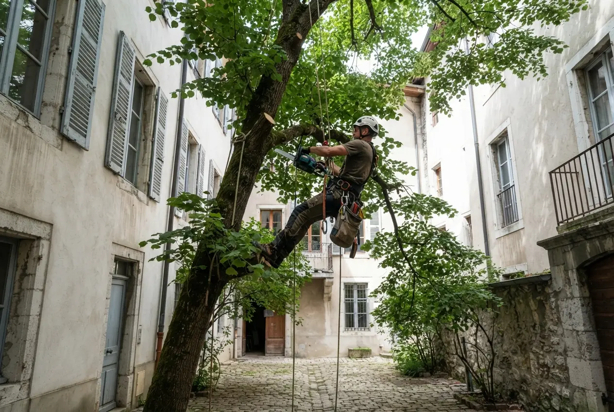 Élagueur grimpeur encordé dans un arbre à Barberaz