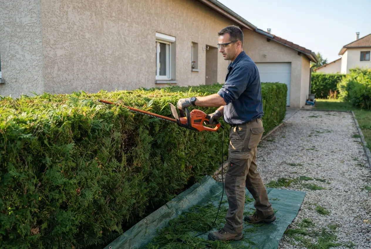Taille d'une haie mitoyenne dans un jardin à Barberaz